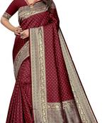 Maroon soft silk blend banarasi jacuard work designer party wear saree with unstitched blouse piece