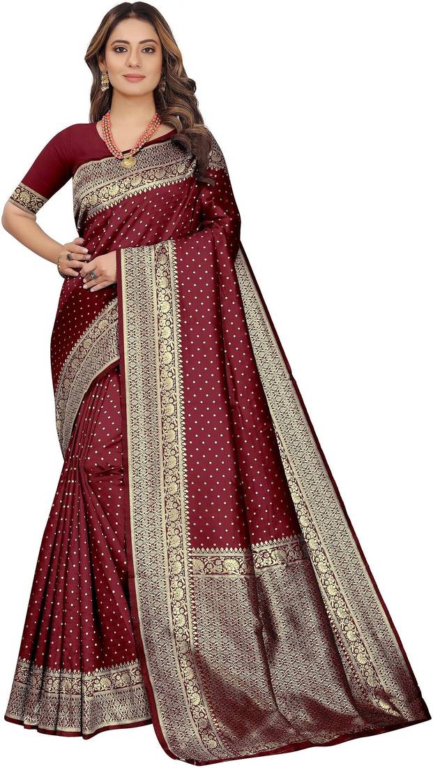 Maroon soft silk blend banarasi jacuard work designer party wear saree with unstitched blouse piece