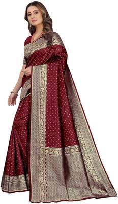 Maroon silk blend banarasi saree with unstitched blouse piece 2