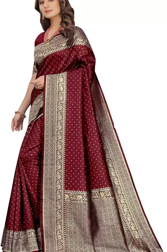 Maroon silk blend banarasi saree with unstitched blouse piece