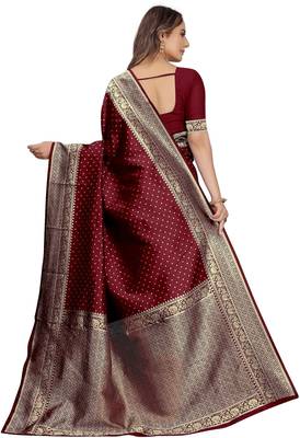 Maroon silk blend banarasi saree with unstitched blouse piece 3