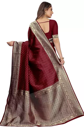 Maroon silk blend banarasi saree with unstitched blouse piece