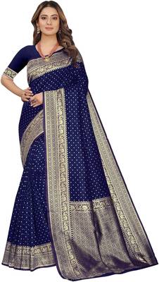 Blue silk blend banarasi saree with unstitched blouse piece 1