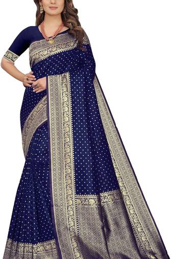 Blue soft silk blend banarasi jacuard work designer party wear saree with unstitched blouse piece