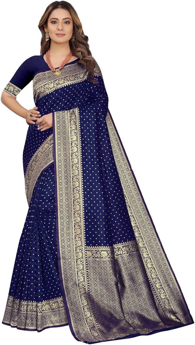 Blue soft silk blend banarasi jacuard work designer party wear saree with unstitched blouse piece