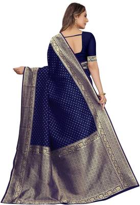 Blue silk blend banarasi saree with unstitched blouse piece 2