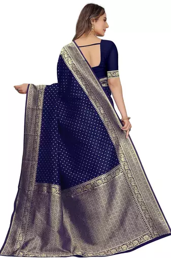 Blue silk blend banarasi saree with unstitched blouse piece