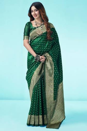 Green soft silk blend banarasi jacuard work designer party wear saree with unstitched blouse piece