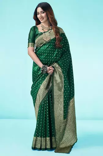 Green soft silk blend banarasi jacuard work designer party wear saree with unstitched blouse piece