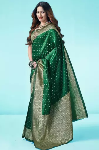 Green silk blend banarasi saree with unstitched blouse piece