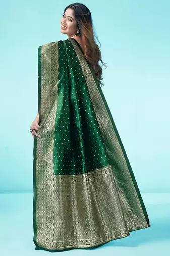 Green silk blend banarasi saree with unstitched blouse piece