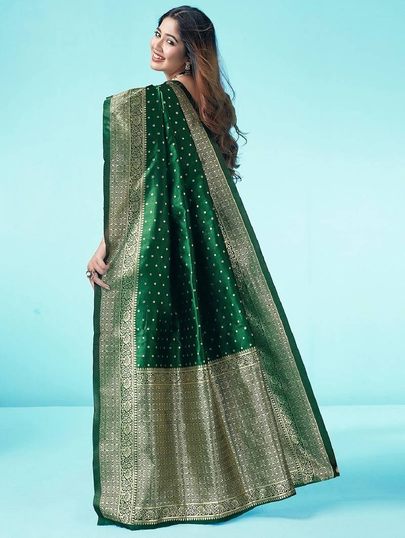 Green soft silk blend banarasi jacuard work designer party wear saree with unstitched blouse piece