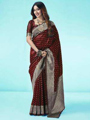 Maroon silk blend banarasi saree with unstitched blouse piece 1