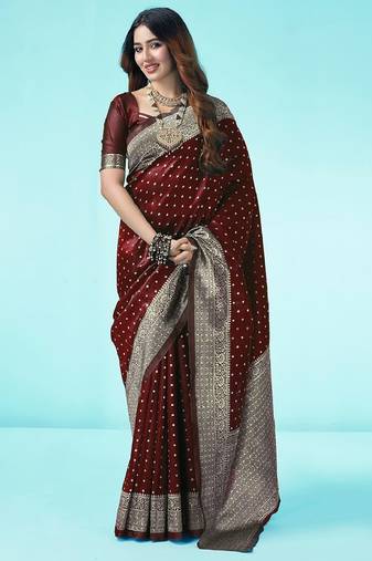 Maroon soft silk blend banarasi jacuard work designer party wear saree with unstitched blouse piece