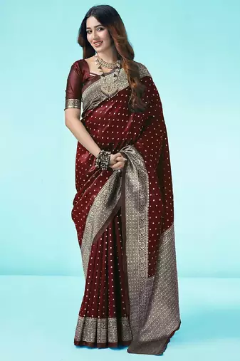 Maroon soft silk blend banarasi jacuard work designer party wear saree with unstitched blouse piece