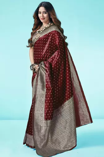Maroon silk blend banarasi saree with unstitched blouse piece