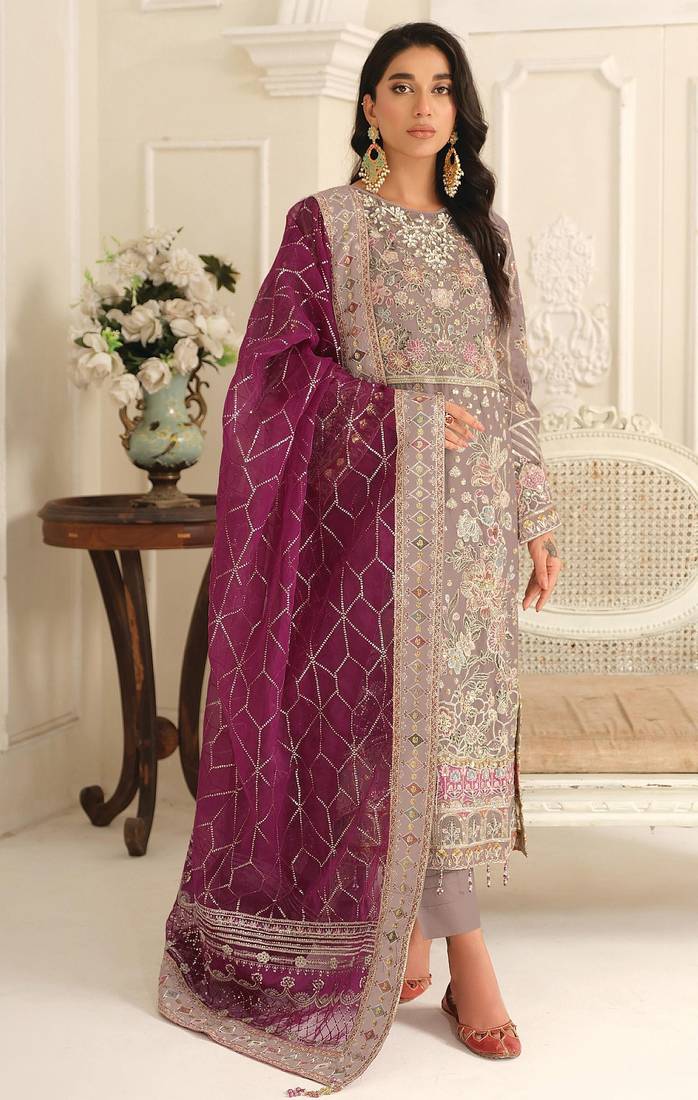 Brown chiffon  suit with embroidery & sequin work
