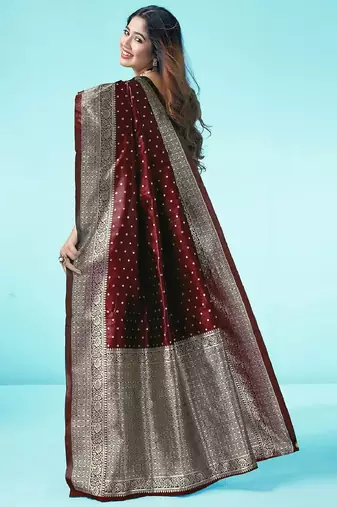 Maroon silk blend banarasi saree with unstitched blouse piece