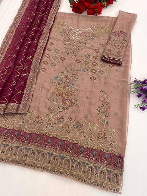 Brown chiffon suit with embroidered sequin  2