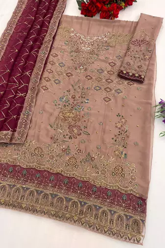 Brown chiffon suit with embroidered sequin 