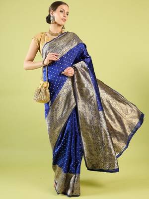 Blue silk blend banarasi saree with unstitched blouse piece 1