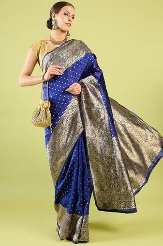Blue soft silk blend banarasi jacuard work designer party wear saree with unstitched blouse piece