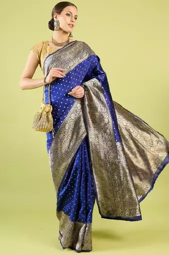 Blue soft silk blend banarasi jacuard work designer party wear saree with unstitched blouse piece