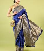 Blue soft silk blend banarasi jacuard work designer party wear saree with unstitched blouse piece