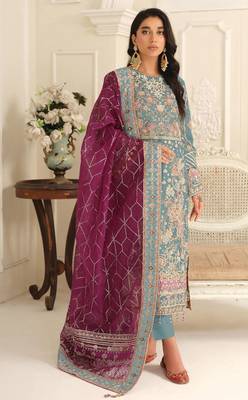 Blue chiffon suit with embroidered sequin  1
