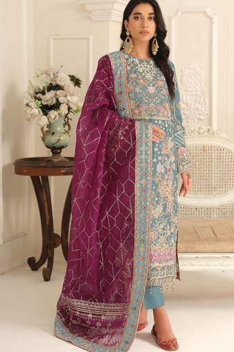 Blue chiffon suit with embroidery & sequin work