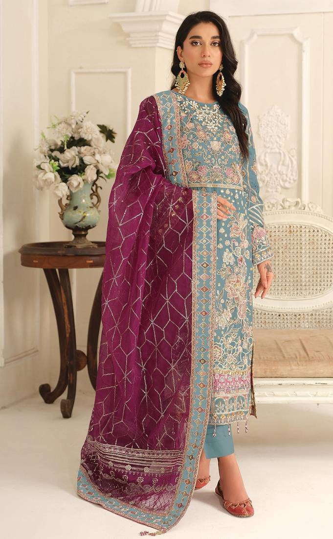 Blue chiffon  suit with embroidery & sequin work
