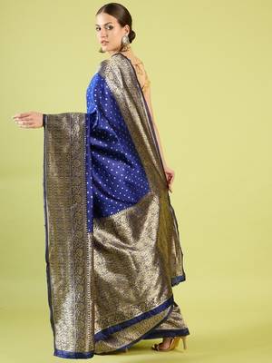 Blue silk blend banarasi saree with unstitched blouse piece 2
