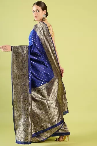 Blue silk blend banarasi saree with unstitched blouse piece