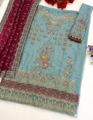 Blue chiffon suit with embroidered sequin  2