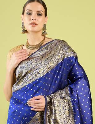 Blue silk blend banarasi saree with unstitched blouse piece 3