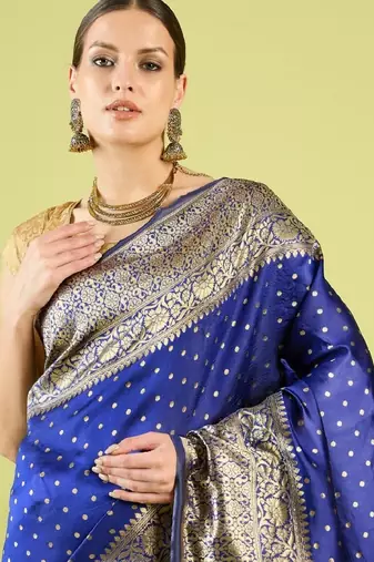 Blue silk blend banarasi saree with unstitched blouse piece