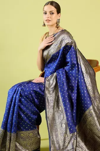 Blue silk blend banarasi saree with unstitched blouse piece