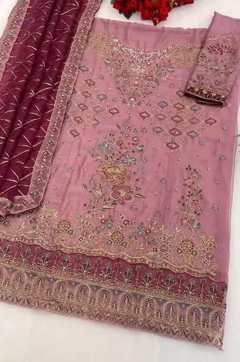 Purple chiffon suit with embroidered sequin 