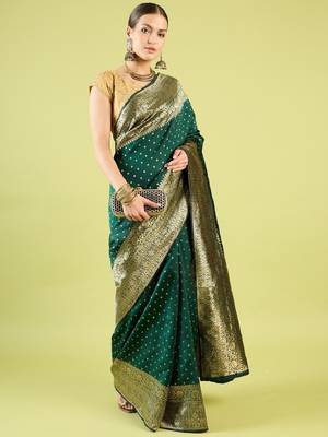 Green silk blend banarasi saree with unstitched blouse piece 1