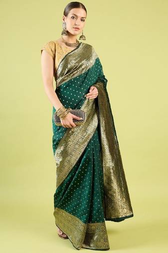 Green soft silk blend banarasi jacuard work designer party wear saree with unstitched blouse piece