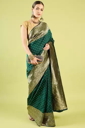 Green soft silk blend banarasi jacuard work designer party wear saree with unstitched blouse piece