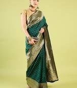 Green soft silk blend banarasi jacuard work designer party wear saree with unstitched blouse piece