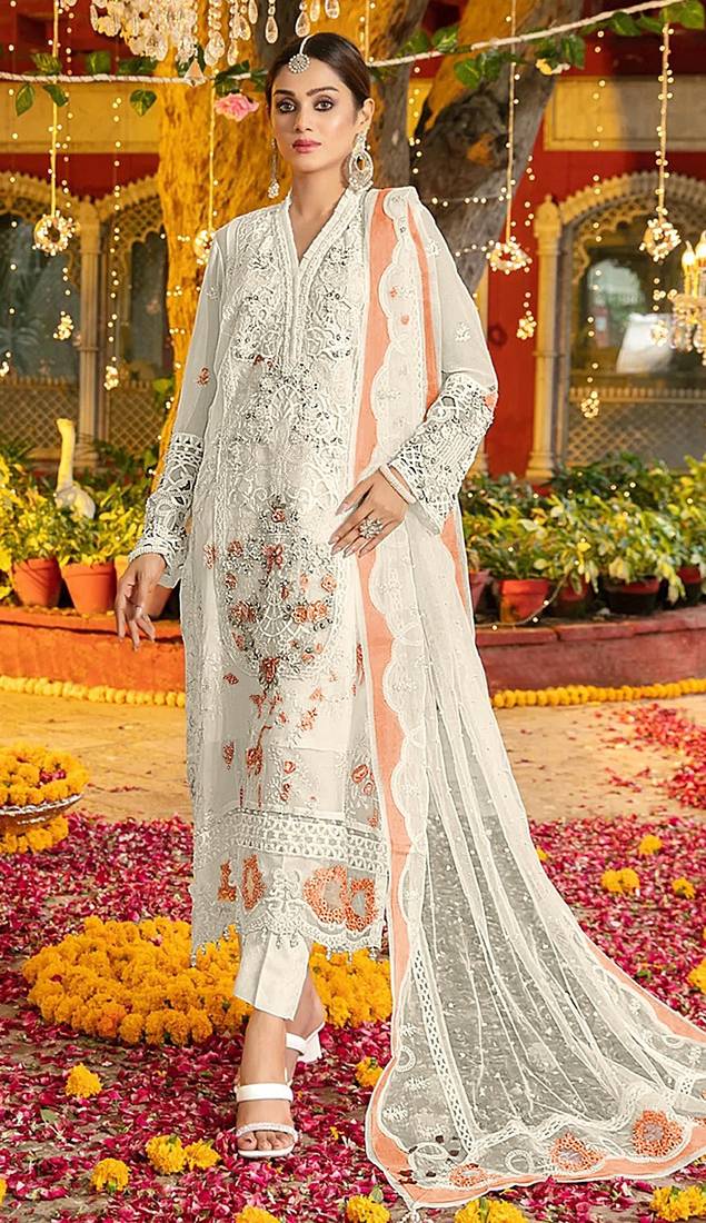 White & peach chiffon  suit with embroidery & sequin work
