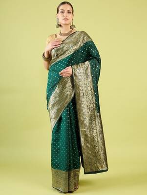 Green silk blend banarasi saree with unstitched blouse piece 2