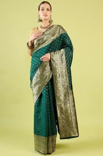 Green silk blend banarasi saree with unstitched blouse piece