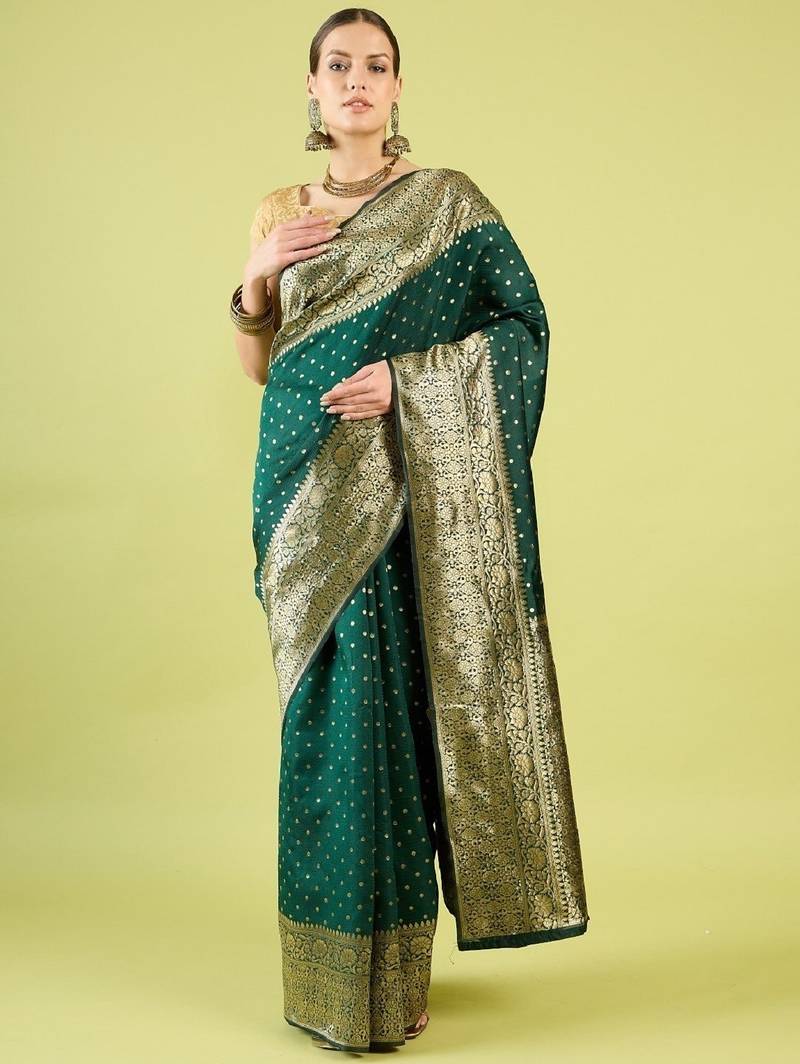 Green soft silk blend banarasi jacuard work designer party wear saree with unstitched blouse piece