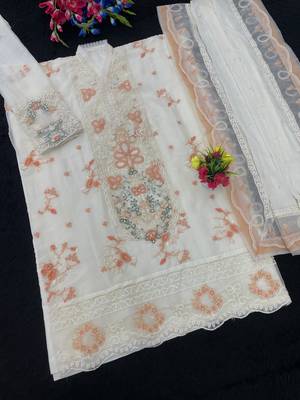 White & peach chiffon suit with embroidered sequin  2