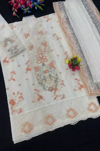 White & peach chiffon suit with embroidered sequin 