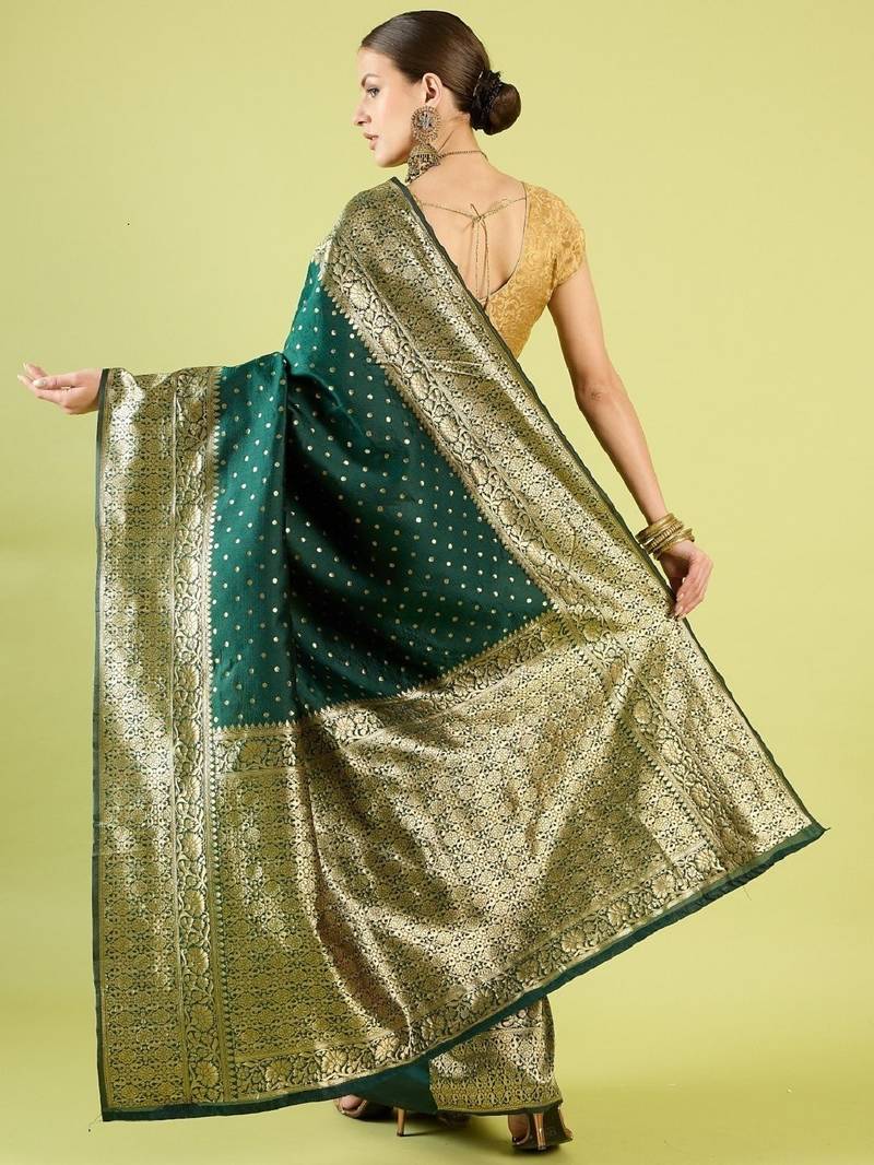 Green soft silk blend banarasi jacuard work designer party wear saree with unstitched blouse piece