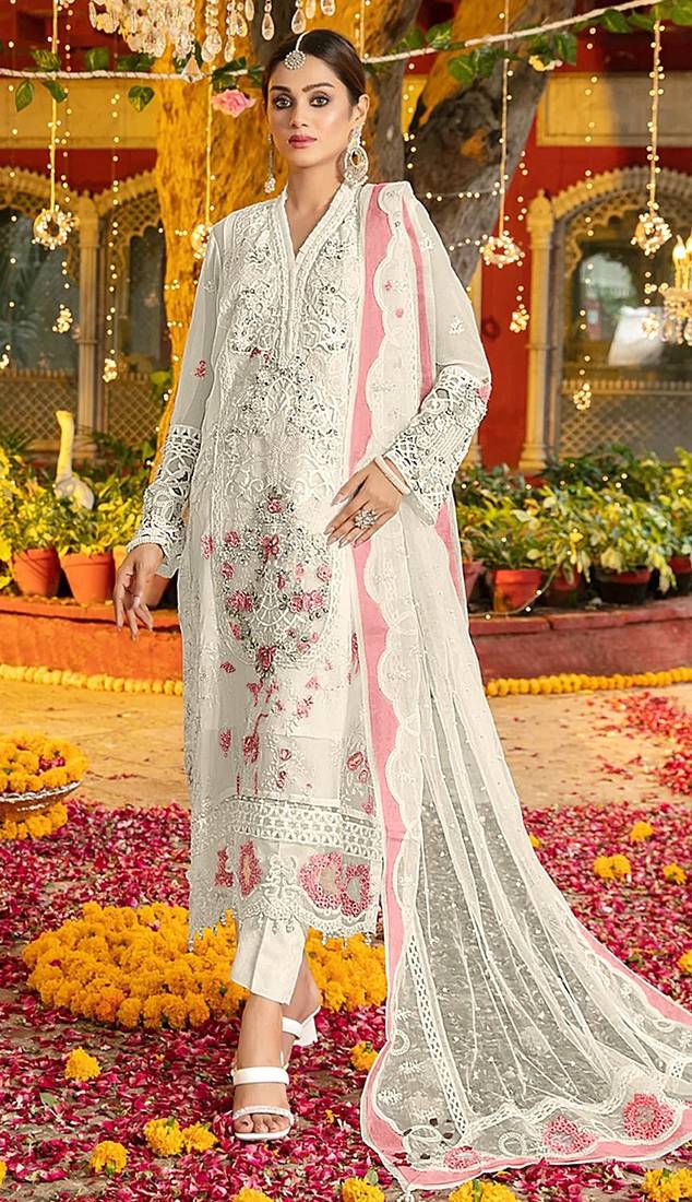White & pink chiffon  suit with embroidery & sequin work